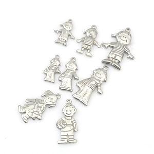 Set of 8 stainless steel cartoon boy and girl pendants with a matte silver finish