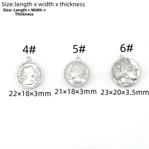 Size chart for stainless steel queen coin pendants showing length, width, and thickness measurements