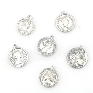 Set of six vintage stainless steel queen coin pendants for DIY jewelry crafting
