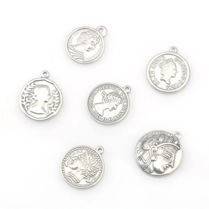 Silver stainless steel queen coin charms with vintage embossed Elizabeth II portraits