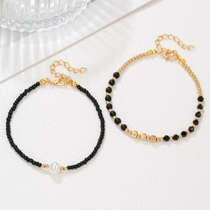 Tobillera De Doble Capa Bohemia Para Mujer Perla Artificial De Imitación Cuentas De Vidrio Negras Espaciadores De Cobre Dorado Joyería De Pie Playa