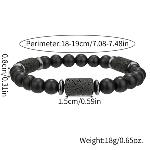 Matzwarte herenarmband van lavasteen met metalen accenten en gedetailleerde afmetingen