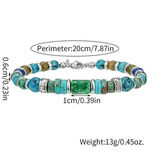 Vintage turquoise beaded bracelet with carved metal charms and dimension measurements