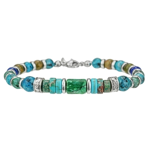 Detail of vintage turquoise beaded bracelet with engraved silver spacers and lobster clasp