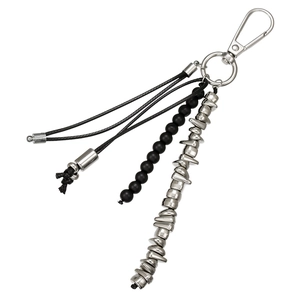 Industrial style metal keychain with black beads and silver irregular spacers for bags