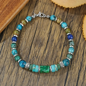 Bohemian multicolored natural stone beaded bracelet with vintage silver charms and lobster clasp
