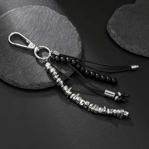 Industrial style beaded keychain with silver spring carabiner and black hematite stones