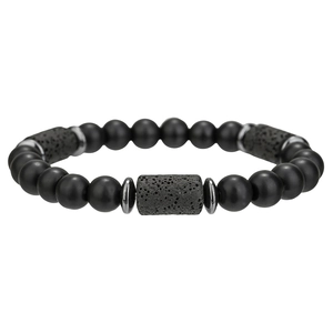 Detail van matzwarte kralen en poreuze lavastenen op een minimalistische herenarmband