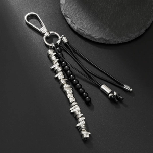Industrial Style Alloy Beaded Keychain Pendant With Lava Stone Irregular Metal Beads Punk Vintage Bag Charm For Men Women