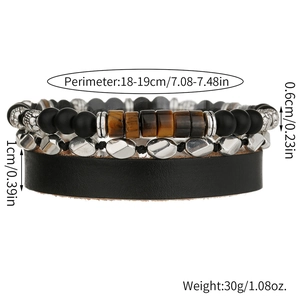 Set di bracciali regolabili da uomo con occhio di tigre, onice e cinturino in pelle nera