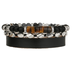 Bracciale multistrato da uomo in pelle con pietre occhio di tigre e perline di agata