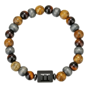 Pulsera de piedra ojo de tigre natural con dije negro del signo zodiacal Géminis