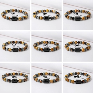 Pulsera de Cuentas del Zodíaco de Piedra Ojo de Tigre Natural Hecha a Mano Elástica para Hombres Mujeres Joyería de Moda Astrología Regalo