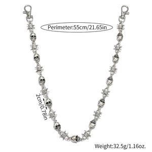Punk silver skull and barbed wire metal pants chain with lobster clasps, 55cm length