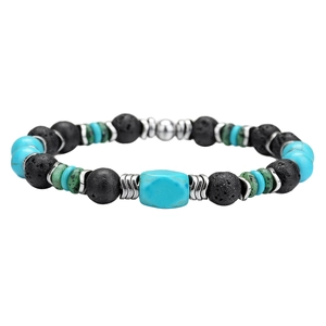 Etnische turkoois en kokosnoot armband met zwarte lavastenen voor heren en dames