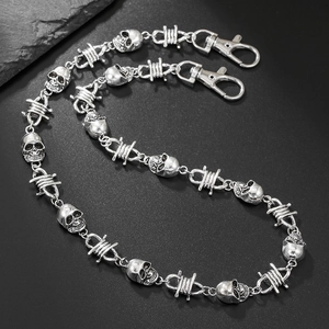 Punk style silver skull and barbed wire metal pants chain with large lobster clasps