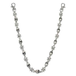 Punk style skull and barbed wire trousers chain in antique silver finish with lobster clasps