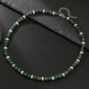 Collar bohemio para hombre de coco con cuentas turquesas y cierre de mosquetón en piedra