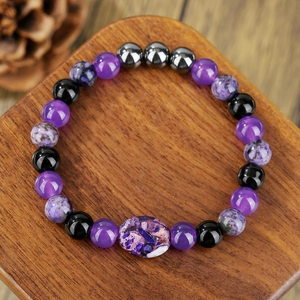 Bracciale in pietra naturale con agata viola e perle di onice su base in legno