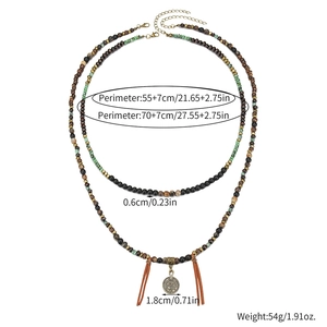 Bohemian style double-layer wooden bead necklace set with vintage coin pendant and leather tassel