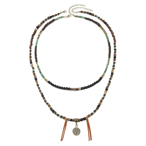 Bohemian double-layer necklace with coin pendant, wood beads and leather tassels