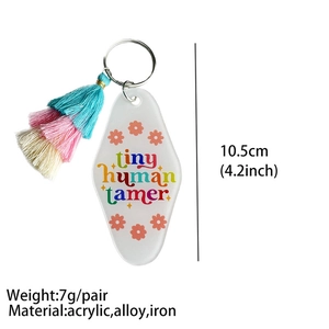 Detailed size specifications of acrylic teacher keychain with pink tassels and floral text