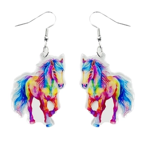 Boucles d'oreilles cheval arc-en-ciel en acrylique avec motif animal artistique