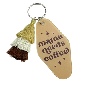 Vintage motel style key tag with mama needs coffee text and three-tier color tassel