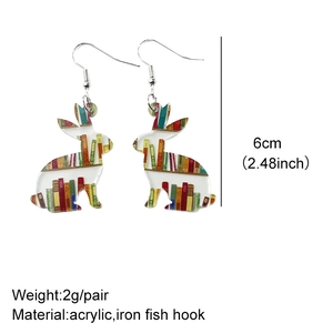 Detailed size and weight view of rabbit-shaped acrylic earrings with colorful book print