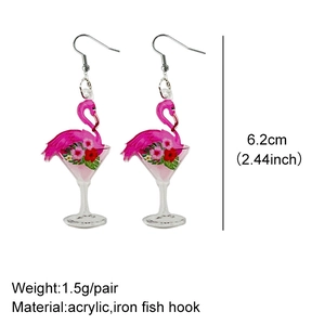 Detailed view showing dimensions of pink flamingo cocktail earrings in acrylic material