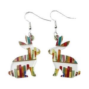 Vintage acrylic library rabbit earrings with colorful book shelf pattern on white background