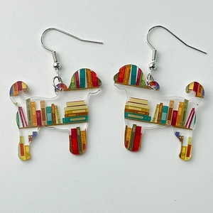 Creative dog-shaped acrylic earrings with colorful bookshelf pattern and silver ear hooks