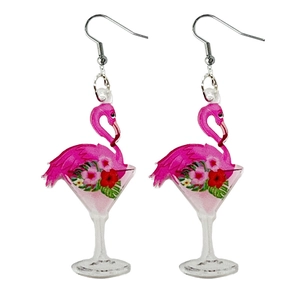Pink flamingo and cocktail cup acrylic drop earrings for summer party jewelry