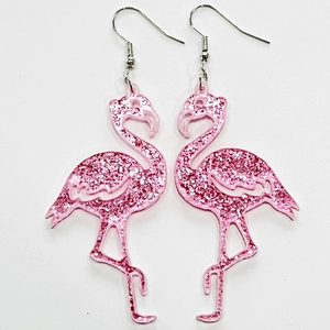 Pink flamingo earrings with glitter sequins in clear acrylic for party jewelry