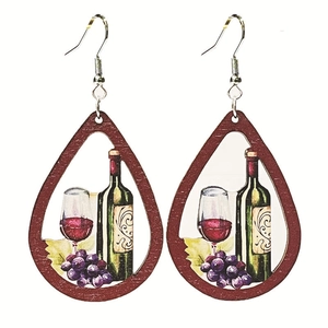 Artistic teardrop wooden earrings with vintage wine bottle and grape prints on white background
