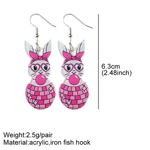 Detail view of bunny acrylic earrings with dimensions and weight info on white background