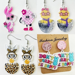 Easter Bunny Chick Acrylic Drop Earrings Cute Leopard Print Flower Geometric Easter Egg Earring Retro Fun Party Jewelry For Women