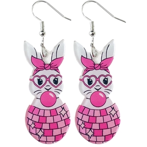 Cute Easter bunny acrylic earrings with disco pattern and pink bubblegum on white background