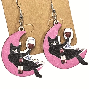 Funny cat drinking wine on pink crescent moon wooden dangle earrings for cat lovers