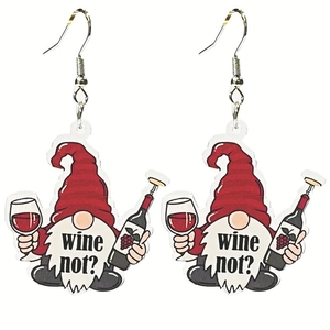 Divertidos pendientes de acrílico con gnomo de vino y texto wine not para fiestas