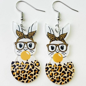 Acrylic Easter bunny earrings with leopard print accents and yellow bubblegum design