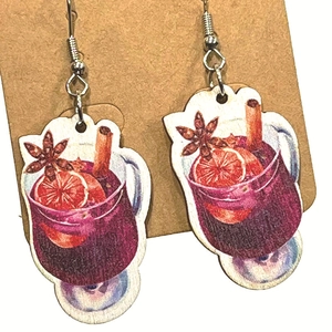 Retro wooden earrings featuring mulled wine and spices print for wine lovers