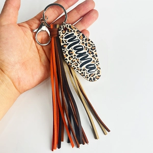 Western leopard print mama keychain set with leather tassels and lobster clasp