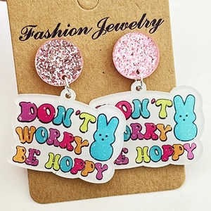 Easter bunny and chick acrylic earrings with pink sequins and Don't Worry Be Hoppy text