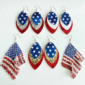 Independence Day earrings featuring US flag patterns with sequins and faux leather feathers