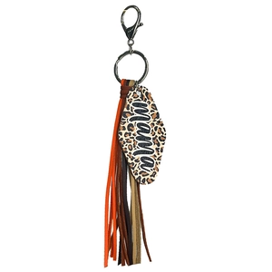 Leopard print Mama keychain with bohemian colorful leather tassels and silver hardware