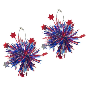Boucles d'oreilles feu d'artifice de l'Independence Day avec étoiles rouges bleues argent