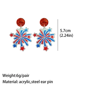 Detailed view of red and blue acrylic firework earrings with festive glitter finish