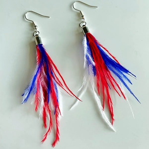 Bohemian American flag earrings with red white blue feathers and silver hooks for women