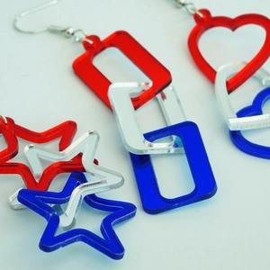 Patriotic red blue and white acrylic star and heart earrings with shiny finish